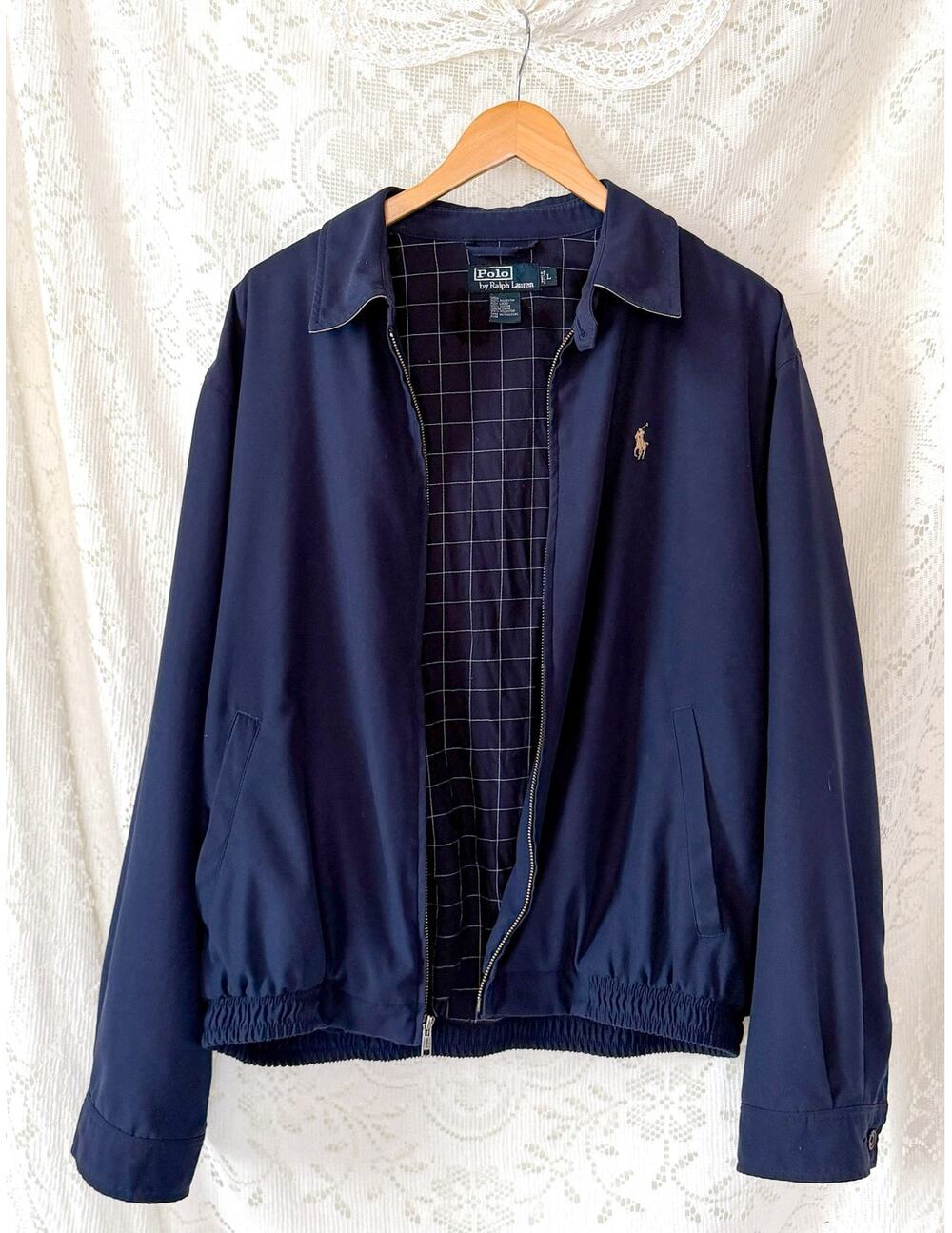 Vintage 90s Polo Ralph Lauren Classic Navy Harrington Jacket Windowpane Lining